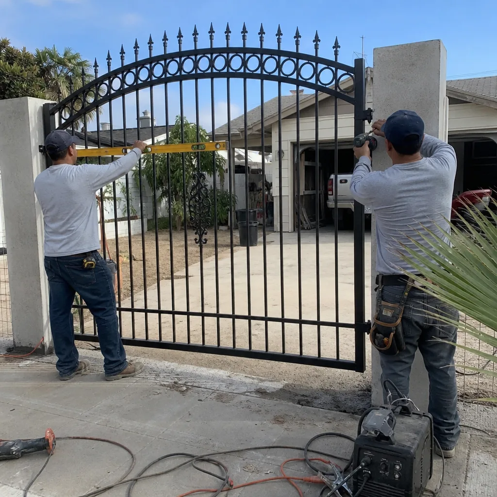 Two contractors installing a decorative black metal driveway gate