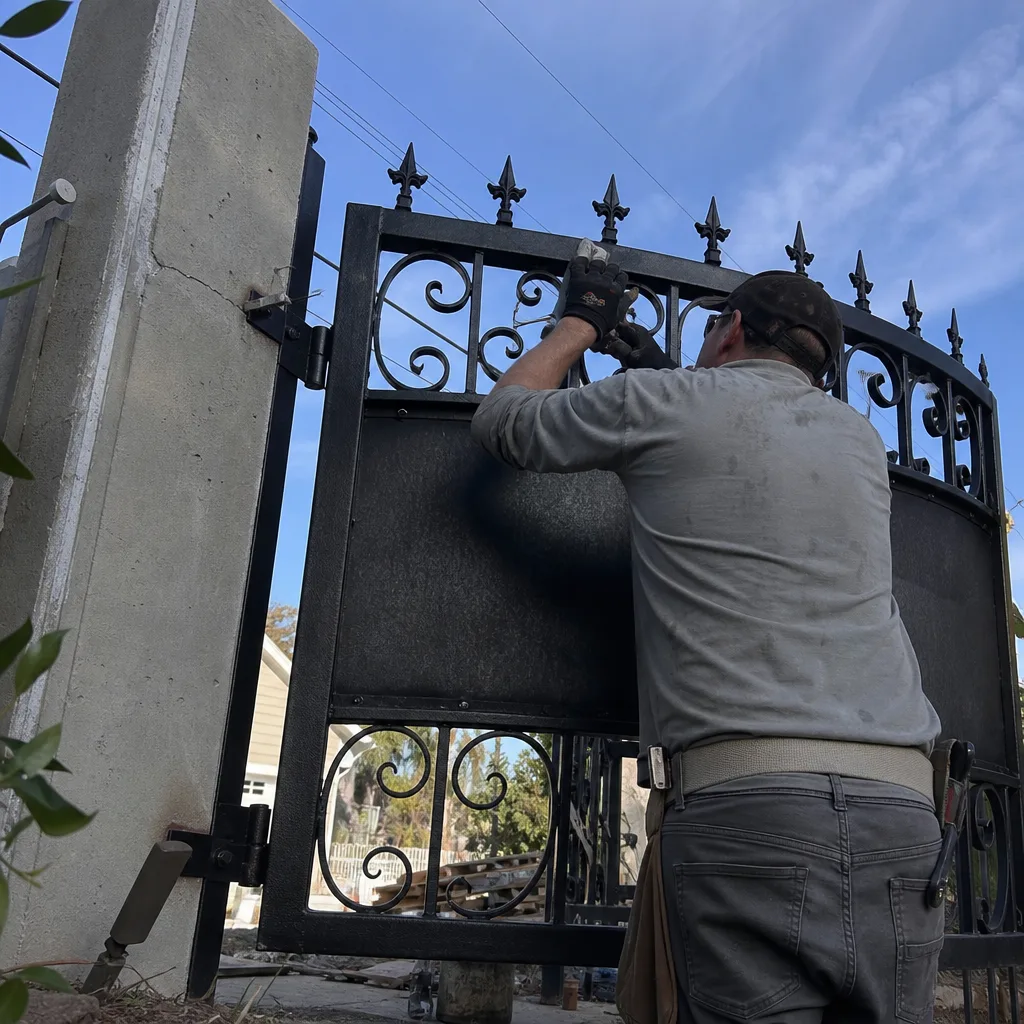 Professional contractor performing metal gate installation and security fence repair