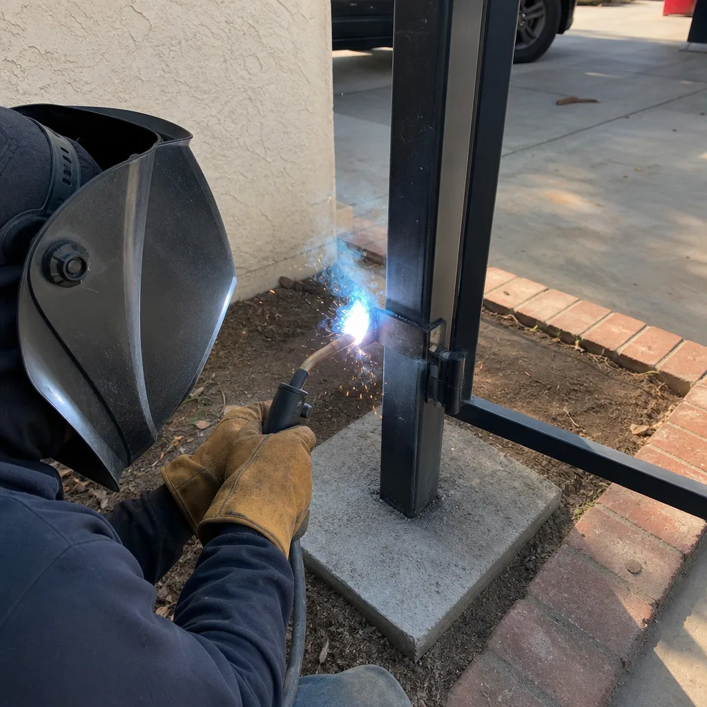 Professional welder performing gate repair and metal hinge installation
