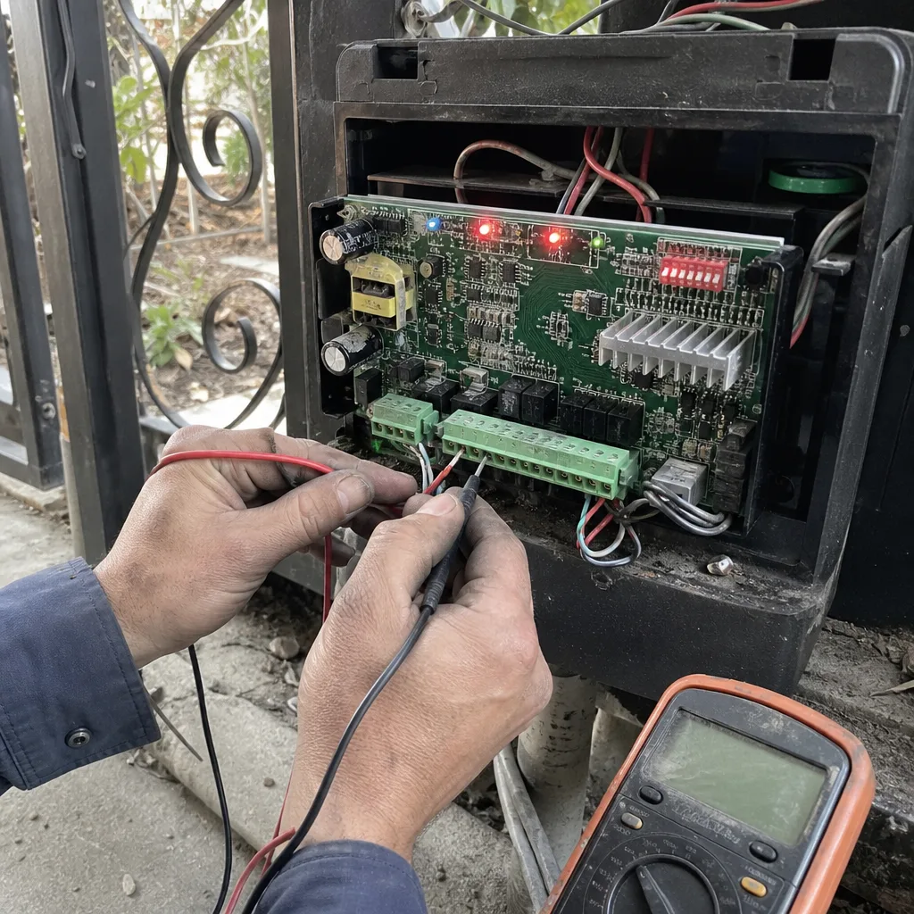 Technician using a multimeter for gate motor and opener repair