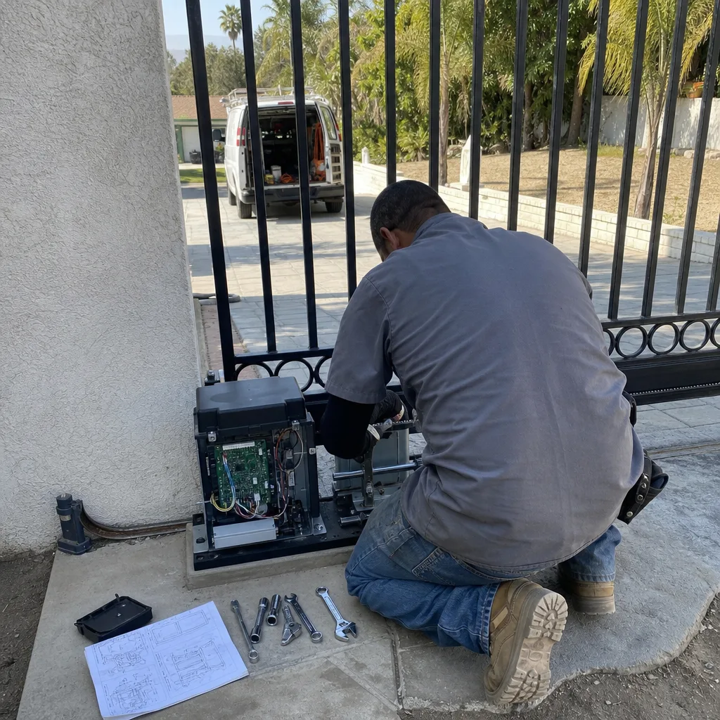 Technician performing professional gate motor and automatic opener repair service