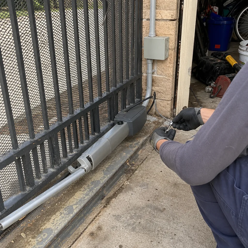 Technician performing professional sliding gate motor repair and maintenance service
