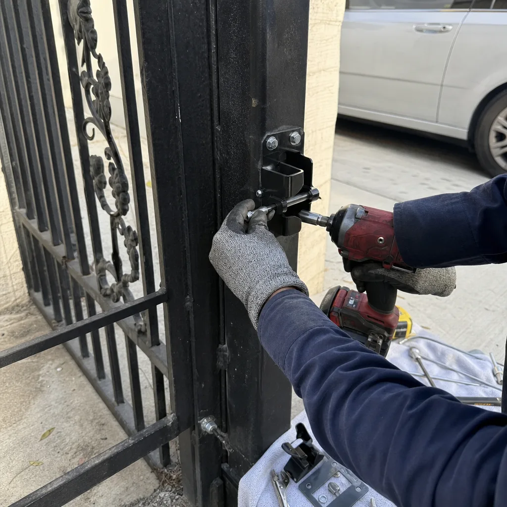 Technician using a power drill to install a metal gate latch