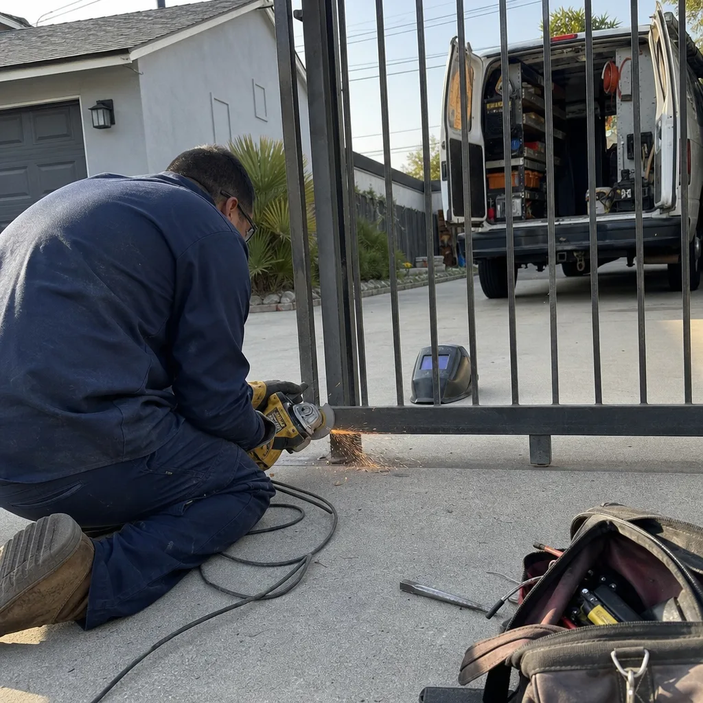 Technician using an angle grinder for metal gate repair services.