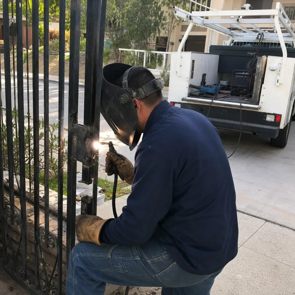 Professional welder performing metal gate repair with welding equipment